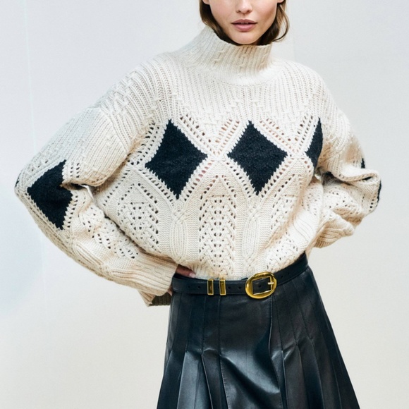 NWT Altuzarra Grady Ribbed Cable-Knit Wool Sweater Ivory/Black Pattern Quiet Lux - Picture 1 of 12